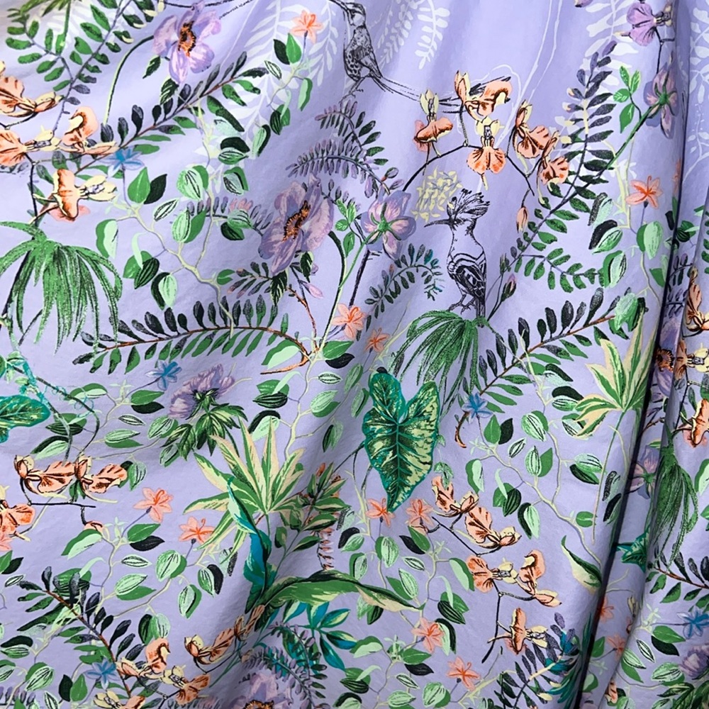 Gorgeous Tea Dress, lilac overall with vibrant greenery, florals and birds 🪴